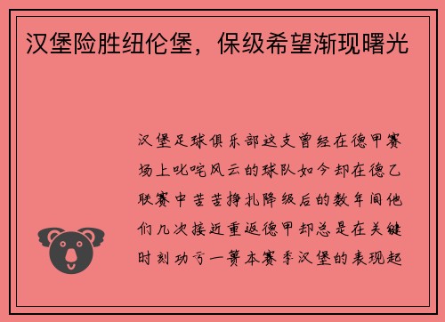 汉堡险胜纽伦堡，保级希望渐现曙光