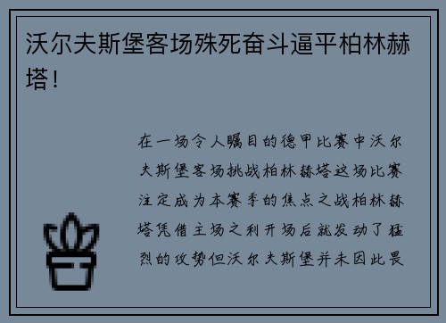 沃尔夫斯堡客场殊死奋斗逼平柏林赫塔！